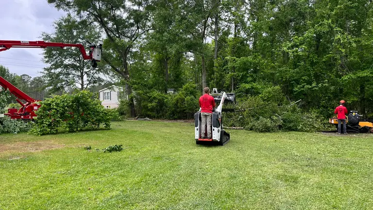 Godhans crew running a skid steer and spider lift during a tree removal in Jacksonville, NC